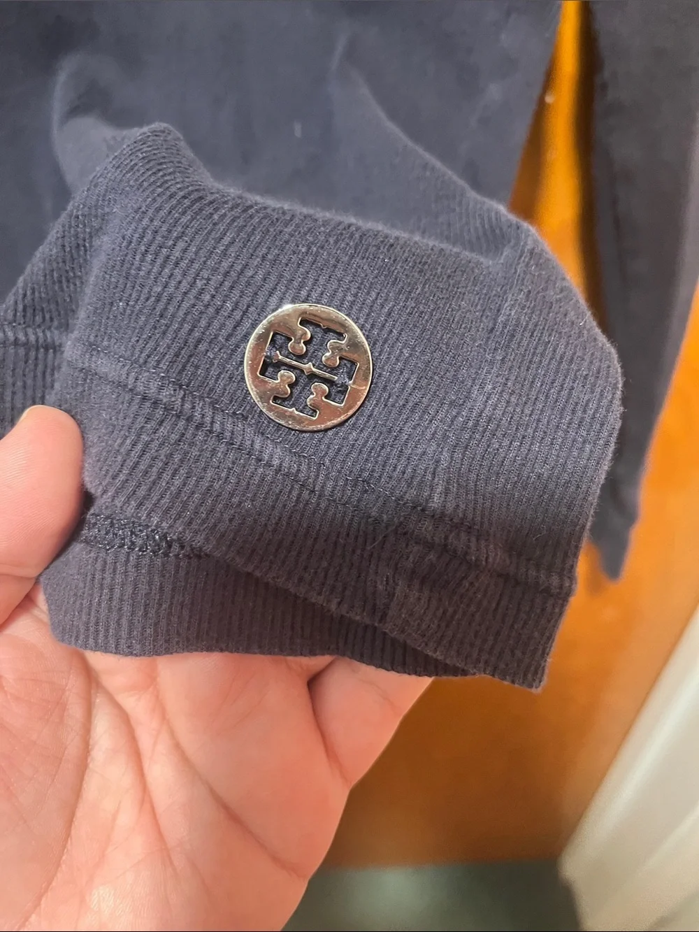 Tory Burch Navy Long-Sleeve V-Neck Top with Pineapple Trim